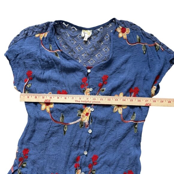 Anthropologie Fig & Flower Blue Embroidered Button-Up Short Sleeve Top L - Picture 4 of 6